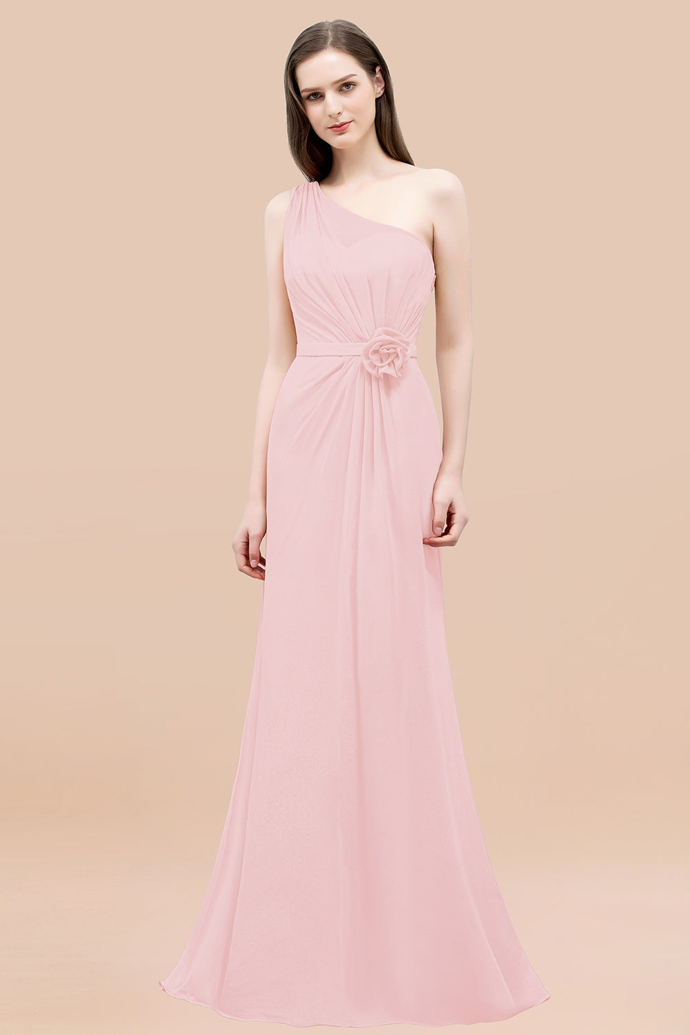 Mermaid Chiffon One Shoulder Sleeveless Ruffled Floor Length Bridesmaid Dresses with Flower