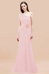 Mermaid Chiffon One Shoulder Sleeveless Ruffled Floor Length Bridesmaid Dresses with Flower