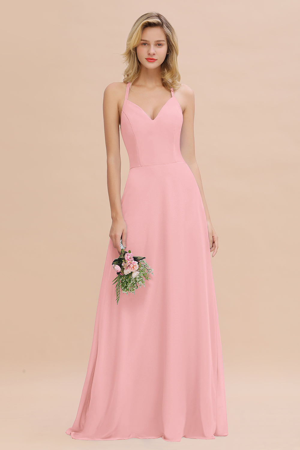Stylish Chiffon Spaghetti Straps Sleeveless Long Bridesmaid Dress