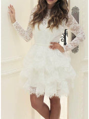 Short A-line Jewel Neck Lace Wedding Dresses with Sleeves