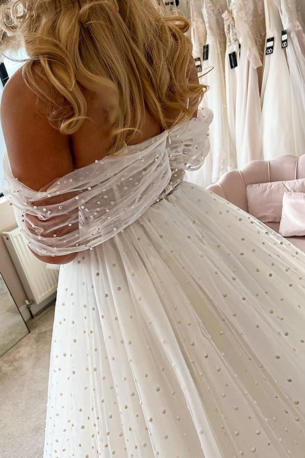 Elegant White Long A-line Off the Shoulder Tulle Wedding Dress