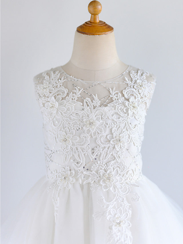 White Ball Gown Tulle Sleeveless Jewel Neck Lace Birthday Flower Girl Dresses