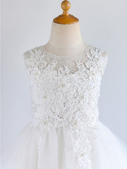 White Ball Gown Tulle Sleeveless Jewel Neck Lace Birthday Flower Girl Dresses