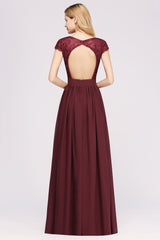 A-line Chiffon Lace V-Neck Sleeveless Floor Length Bridesmaid Dresses with Ruffles