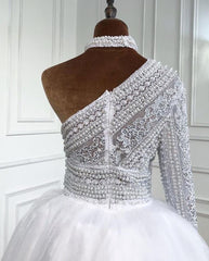 Elegant One Shoulder Long Sleeve Appliques Lace Floor Length Tulle Mermaid Prom Dress