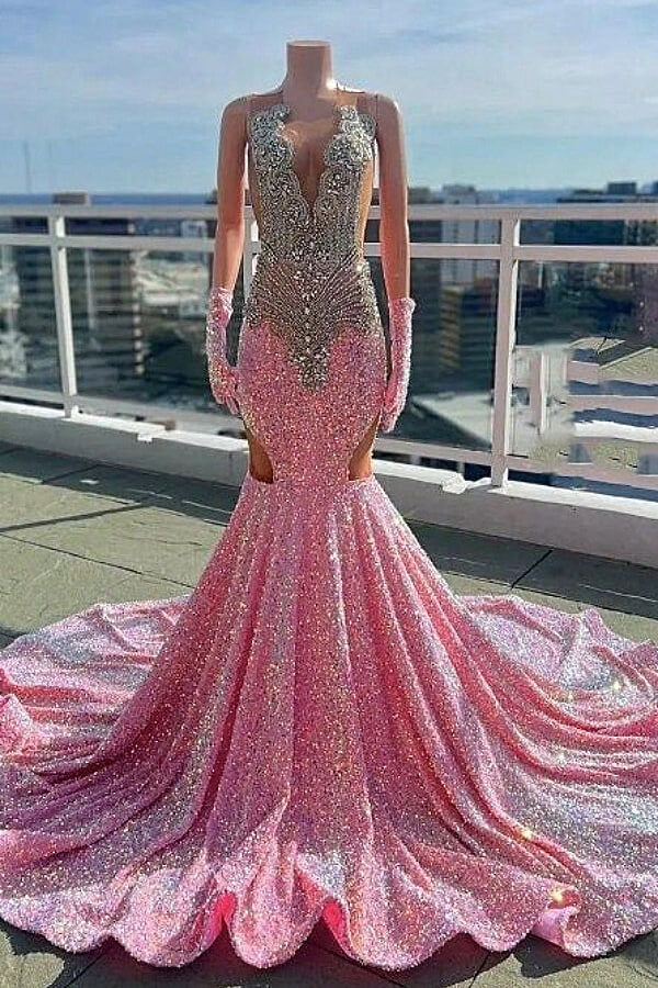 Sparkle Long V-Neck Short Glove Beaded Sequin Mermaid Prom Dress