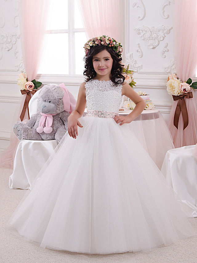 White Long Ball Gown Tulle Lace Jewel Neck First Communion Flower Girl Dresses