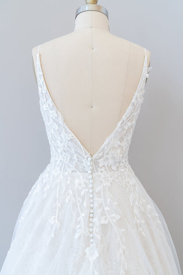 Long V-neck Open Back Appliques Lace Tulle A-line Wedding Dress
