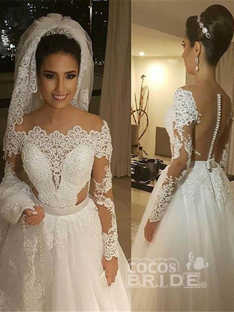 Elegant Long Sleeves Lace Covered Button Ball Gown Wedding Dresses