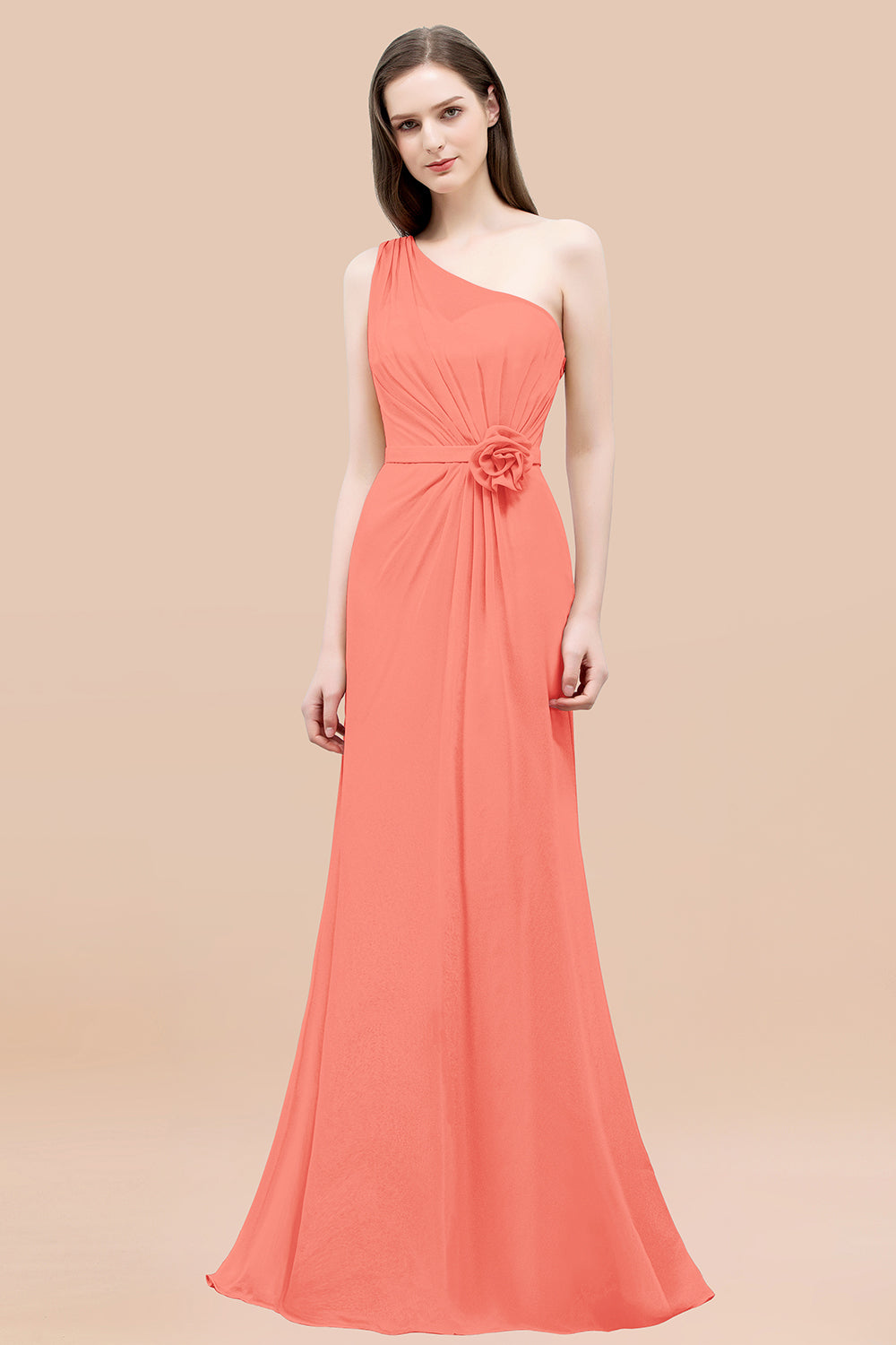 Mermaid Chiffon One Shoulder Sleeveless Ruffled Floor Length Bridesmaid Dresses with Flower