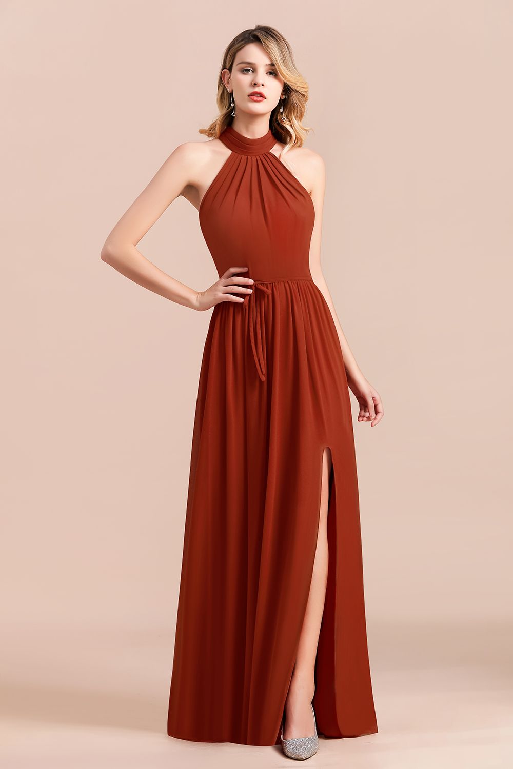 A-Line Halter Chiffon Floor Length Ruched Bridesmaid Dress With Side Slit