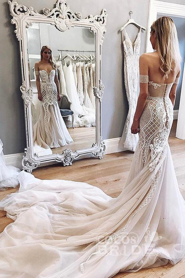 Gorgeous Long Mermaid Off the Shoulder Chapel Train Tulle Wedding Dress
