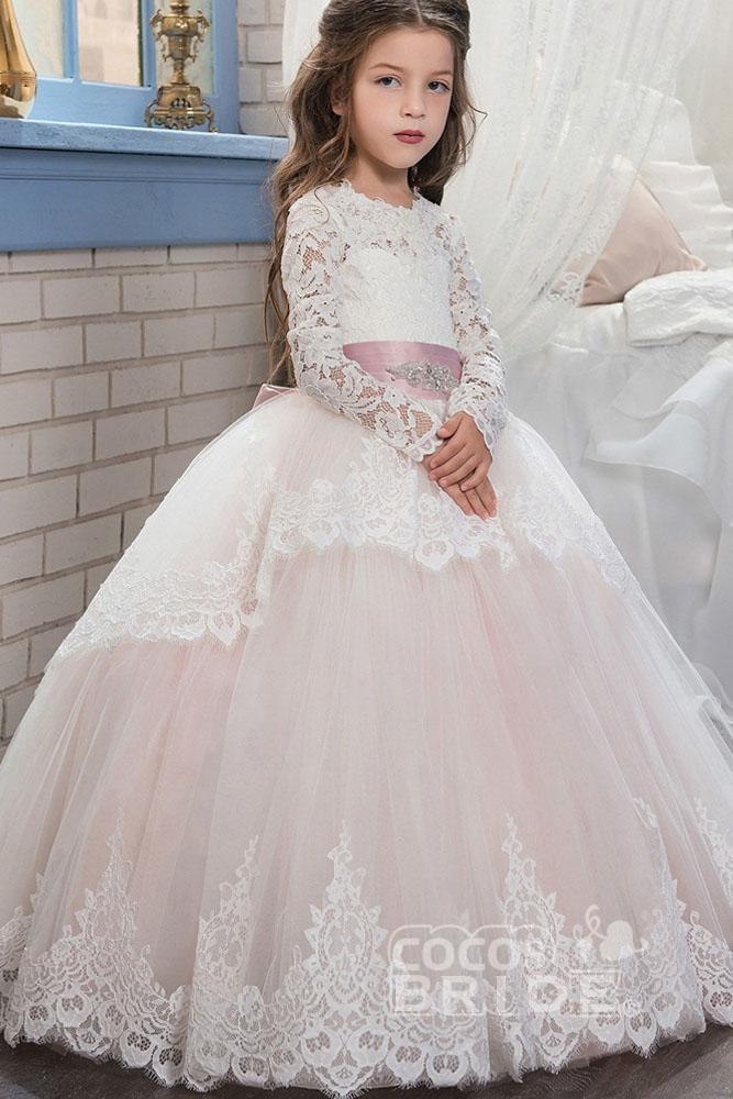 Long Scoop Neck Ball Gown Flower Girl Dress with Long Sleeves
