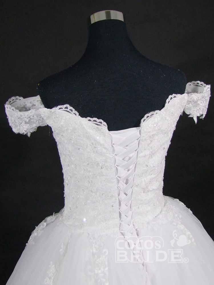 Long Off the Shoulder Lace Ball Gown Tulle Wedding Dresses