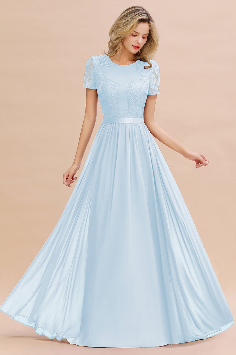 Chiffon Lace Scoop Short Sleeve Bridesmaid Dress