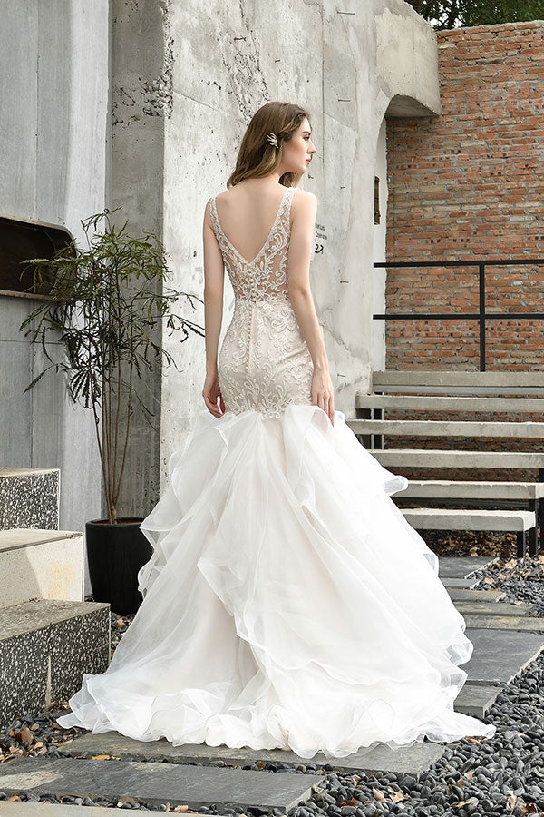 Elegant Long V-neck Appliques Lace Mermaid Wedding Dress