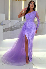 Elegant Long Mermaid One Shoulder Tulle Lace Long Sleeve Prom Dress with High Split