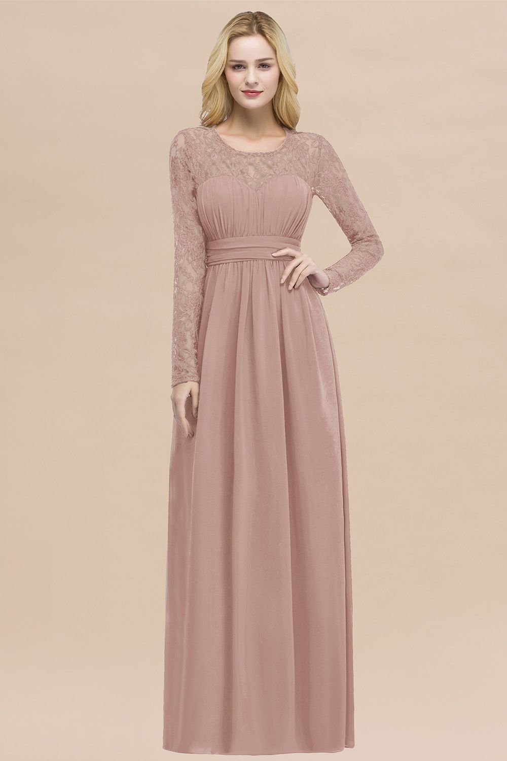 Elegant A-Line Chiffon Jewel Long Sleeves Ruffles Floor Length Bridesmaid Dresses
