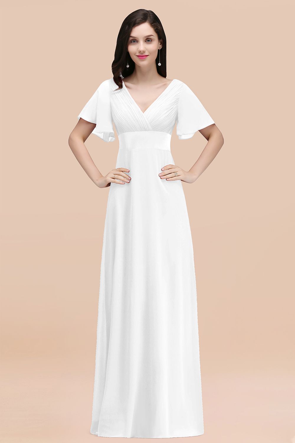 Simple A-Line Chiffon V-Neck Short Sleeves Ruffles Floor Length Bridesmaid Dresses