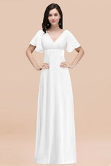 Simple A-Line Chiffon V-Neck Short Sleeves Ruffles Floor Length Bridesmaid Dresses