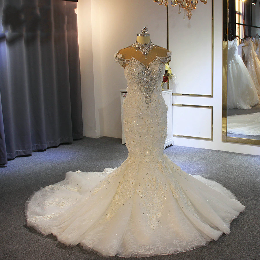 Gorgeous Long High Neck Appliques Lace Crystal Tulle Floor Length Mermaid Wedding Dress
