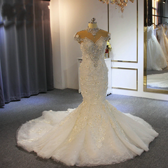 Gorgeous Long High Neck Appliques Lace Crystal Tulle Floor Length Mermaid Wedding Dress