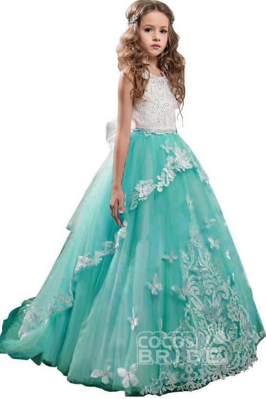 Long Tulle Lace Scoop Neck Sleeveless Ball Gown Flower Girl Dress