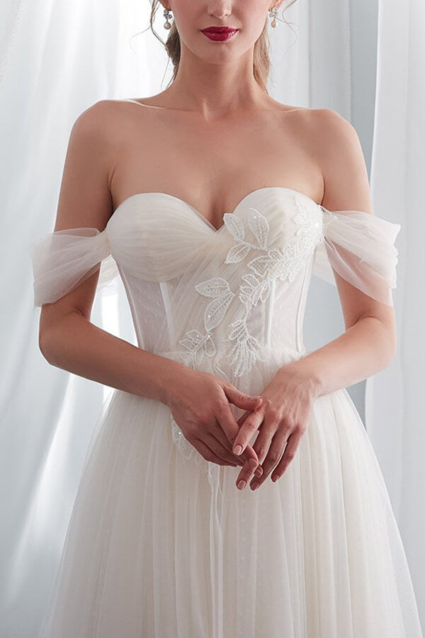 Long Sweetheart Lace-up Tulle Off the Shoulder A-line Wedding Dress