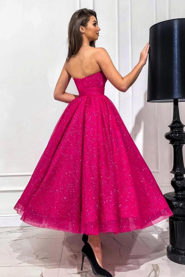 Strapless Open Back Long A Line Tulle Party Dress with Ruffles