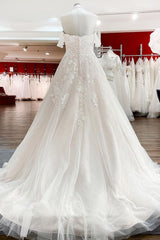 Modest Long A-line Off The Shoulder Tulle Lace Ruffles Princess Wedding Dress