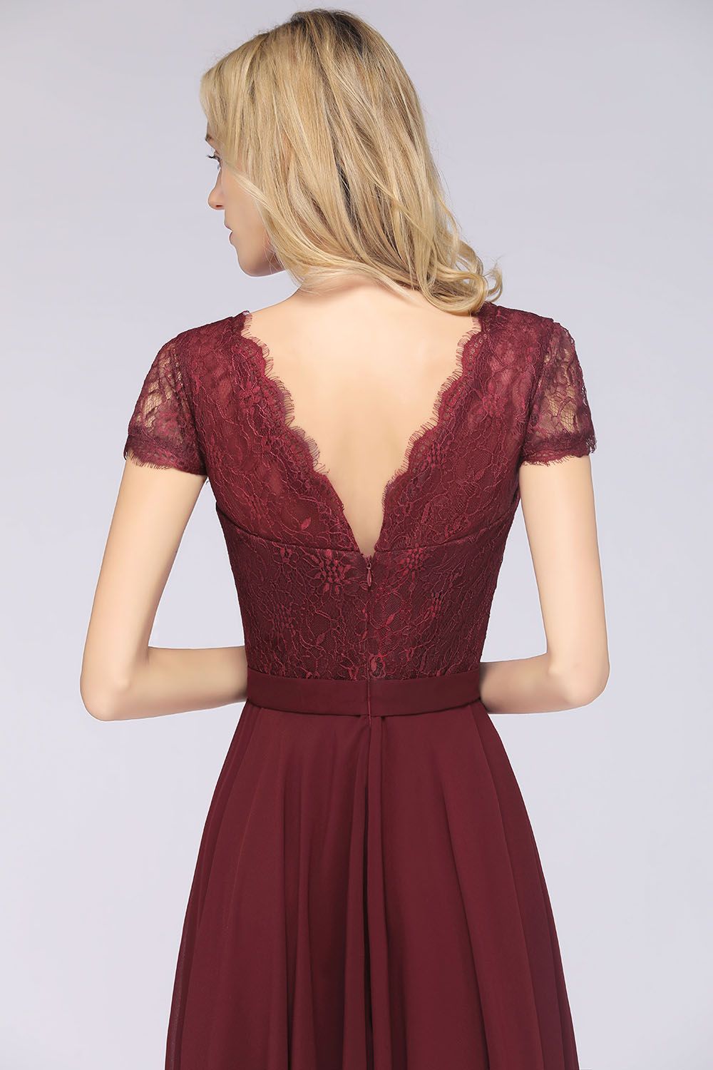 A-Line Chiffon Lace V-Neck Cap-Sleeves Floor Length Bridesmaid Dress