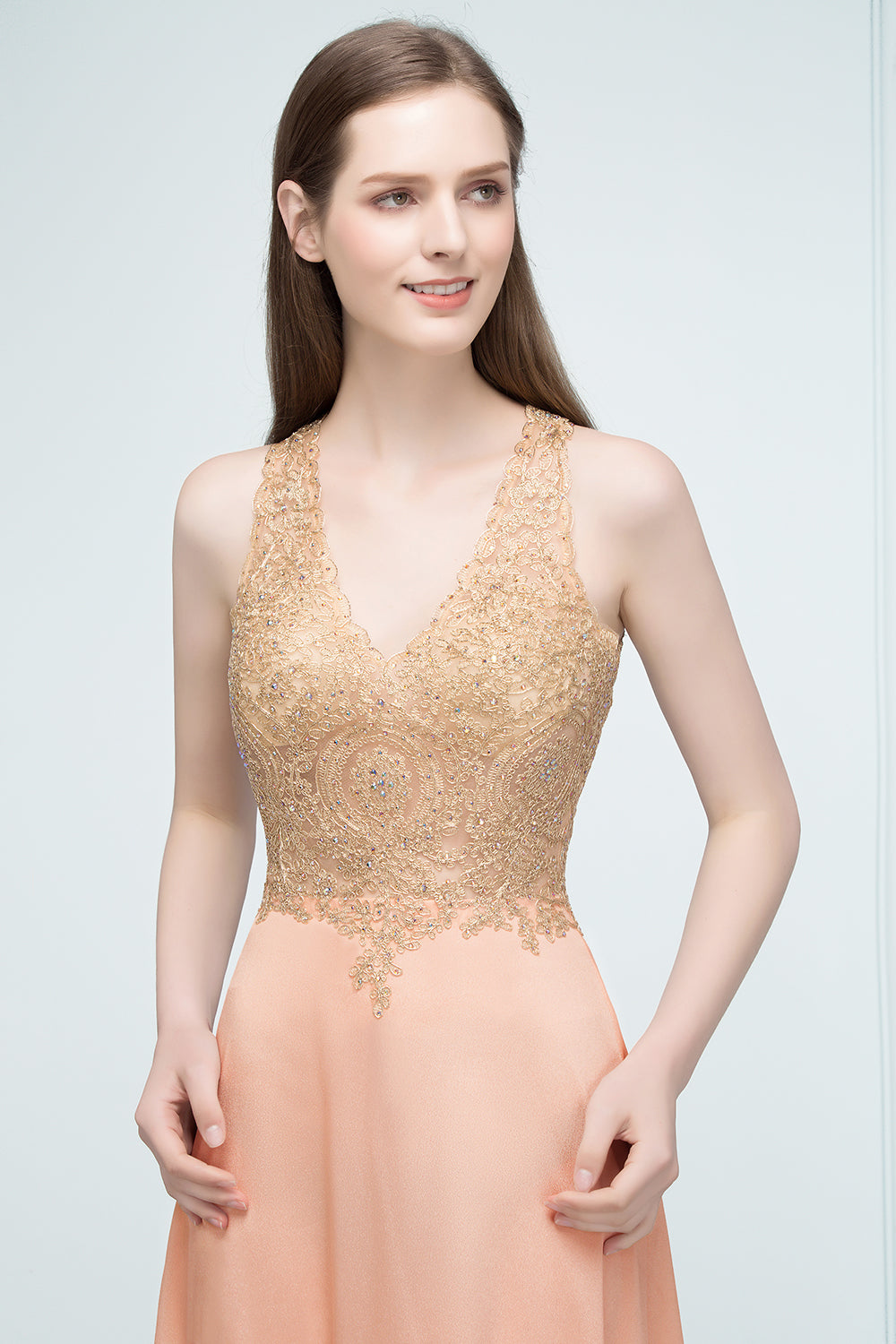 Long V-neck Chiffon Lace A-line Evening Dress
