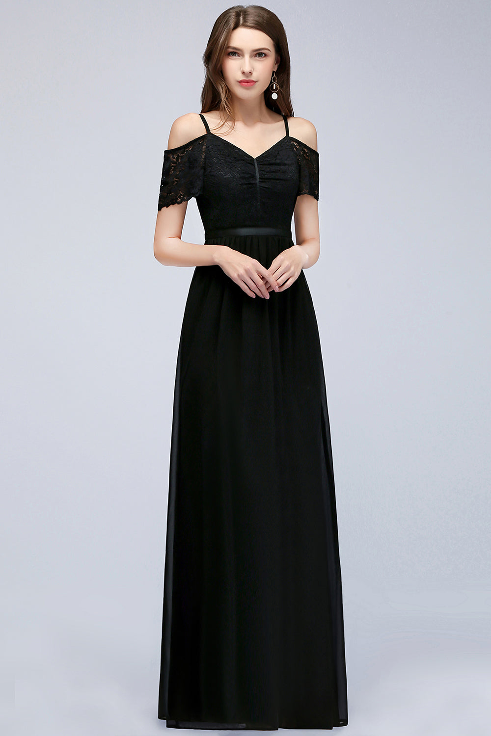A-line Chiffon Lace V-Neck Off the Shoulder Sleeveless Floor Length Bridesmaid Dresses