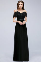 A-line Chiffon Lace V-Neck Off the Shoulder Sleeveless Floor Length Bridesmaid Dresses