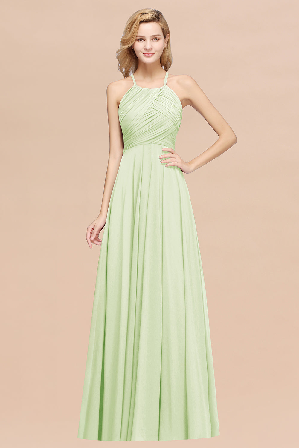 A-Line Chiffon Halter Ruffles Floor Length Bridesmaid Dress