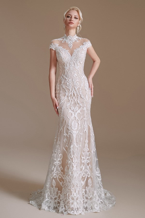 Vintage Long Mermaid High Neck Lace Wedding Dress with sleeves