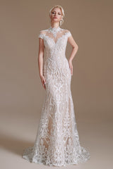 Vintage Long Mermaid High Neck Lace Wedding Dress with sleeves