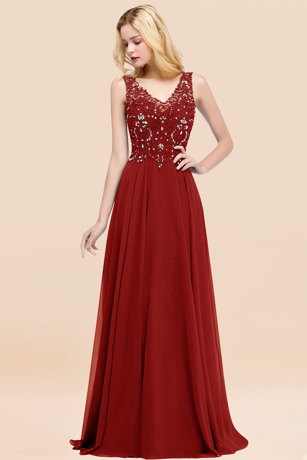 Dusty Rose Lace V-Neck Long Bridesmaid Dresses With Appliques