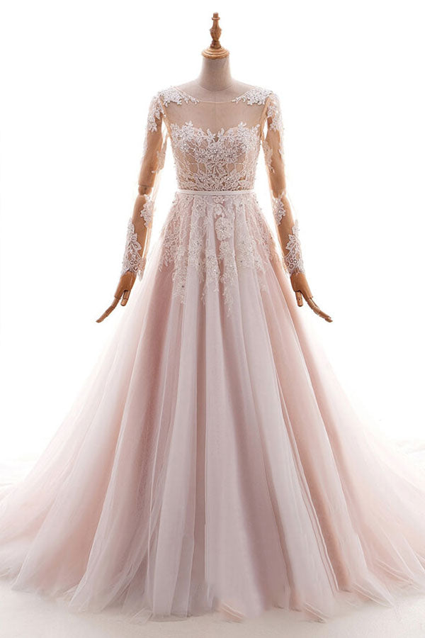 Long Appliques Lace Tulle A-line Wedding Dress with Sleeves