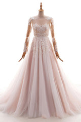 Long Appliques Lace Tulle A-line Wedding Dress with Sleeves