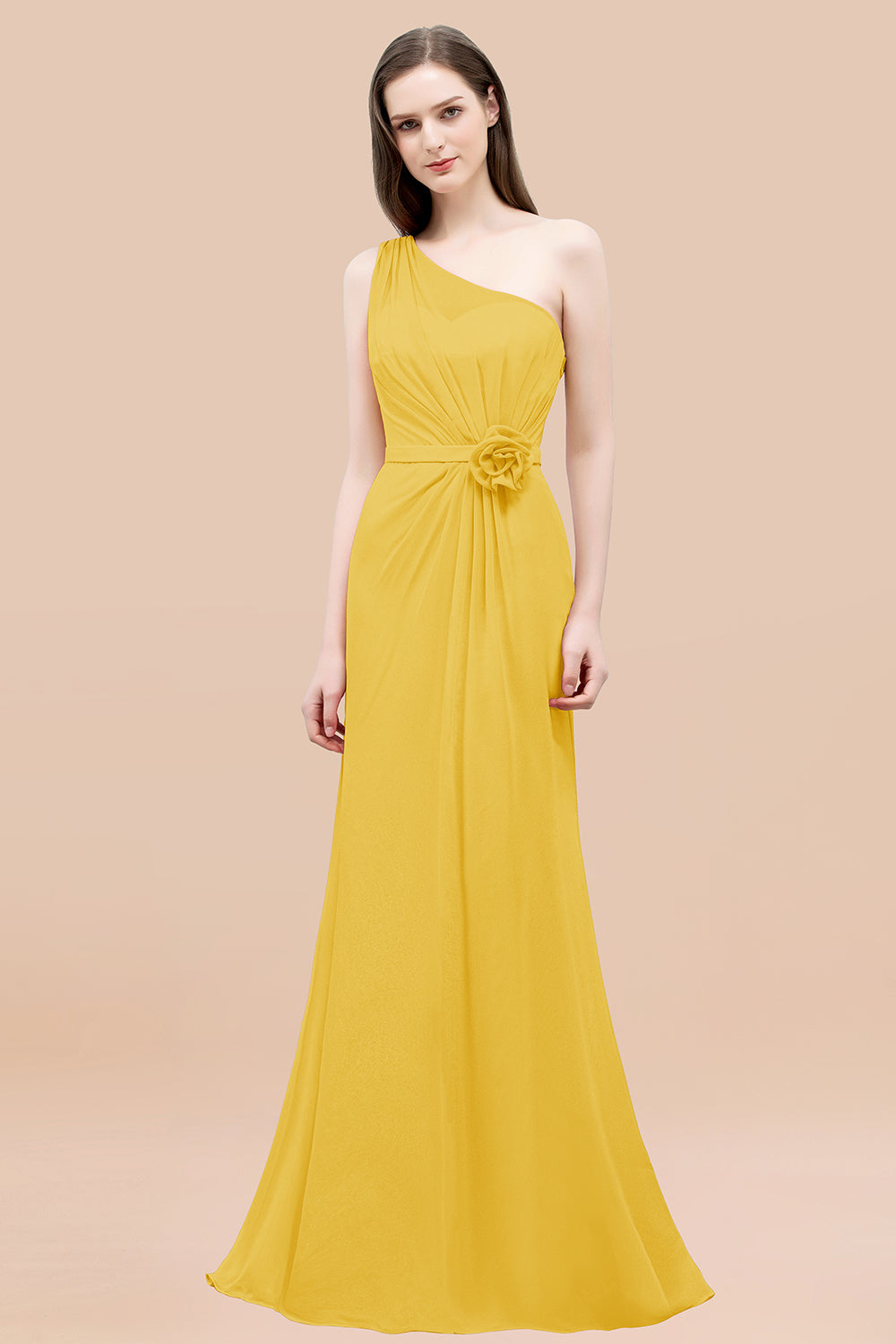 Mermaid Chiffon One Shoulder Sleeveless Ruffled Floor Length Bridesmaid Dresses with Flower
