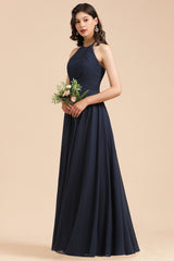 Long A-line Halter Chiffon Dark Navy Wedding Guest Dresses