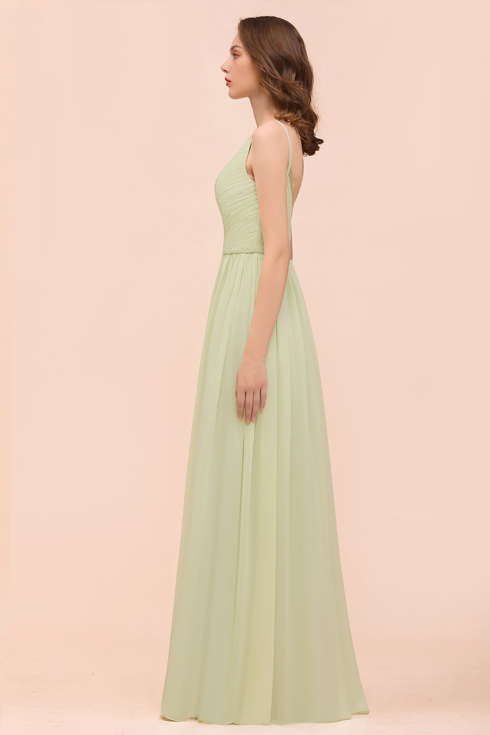 Long A-line V-neck Chiffon Sage Open Back Bridesmaid Dress