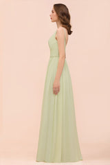 Long A-line V-neck Chiffon Sage Open Back Bridesmaid Dress