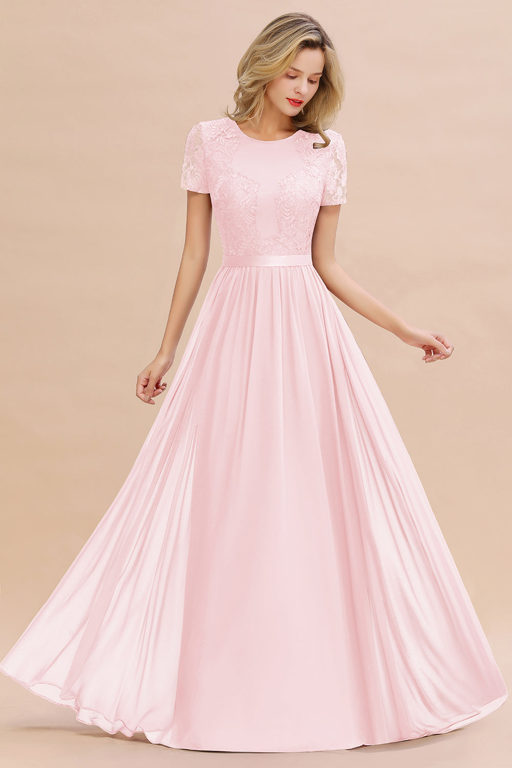 Chiffon Lace Scoop Short Sleeve Bridesmaid Dress