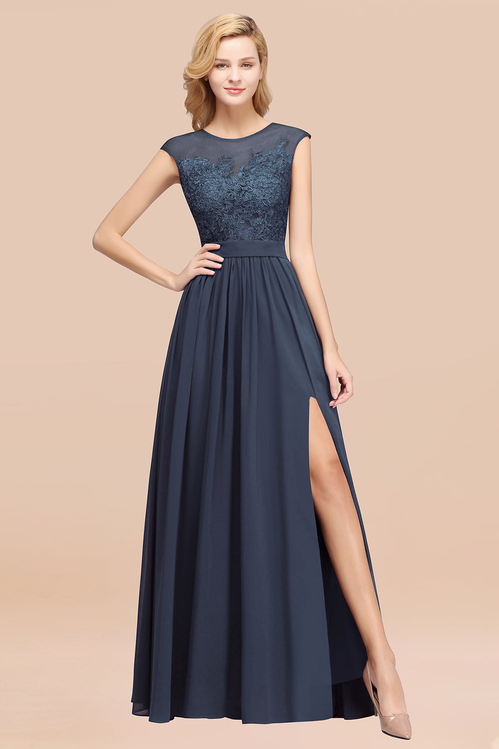 A-line Chiffon Lace Jewel Sleeveless Floor Length Bridesmaid Dresses with Appliques