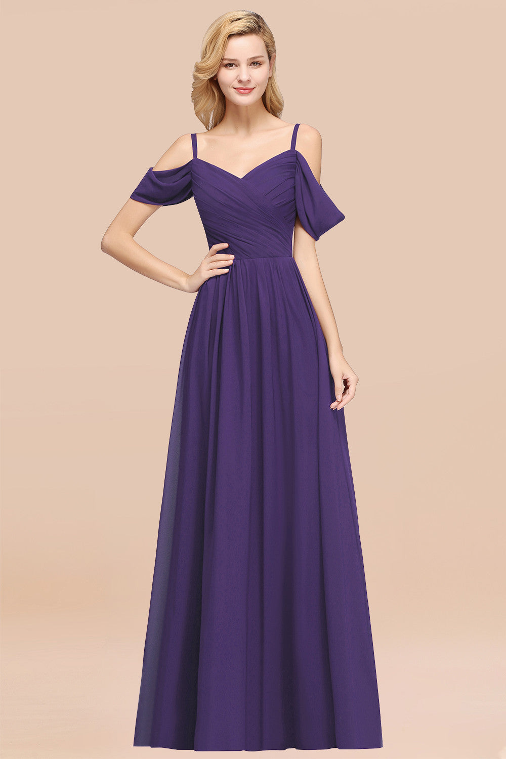 A-Line Chiffon V-Neck Spaghetti Straps Short Sleeves Floor Length Bridesmaid Dresses with Ruffles