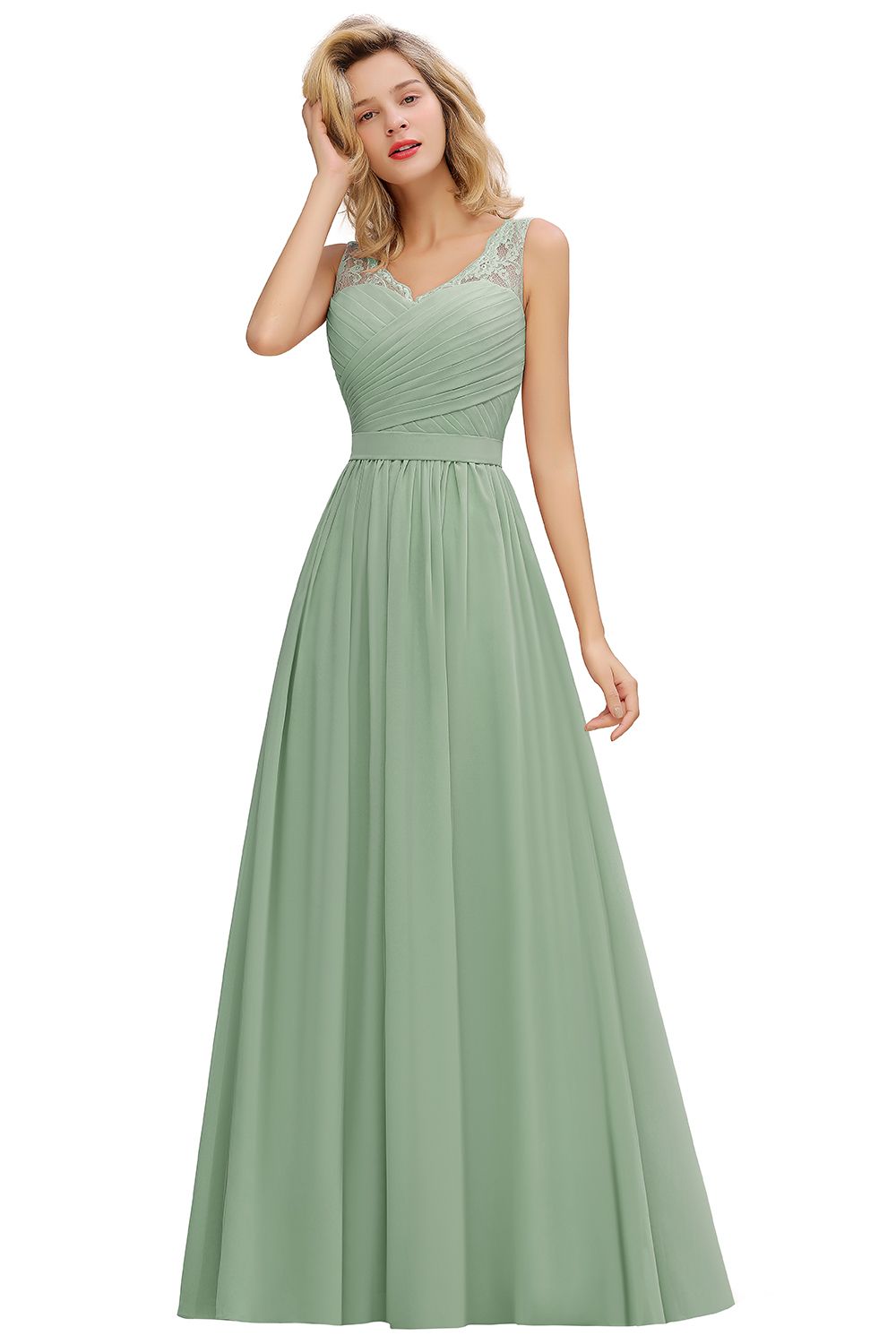 Long A Line Chiffon Sleeveless Lace Bridesmaid Dress with Ruffle