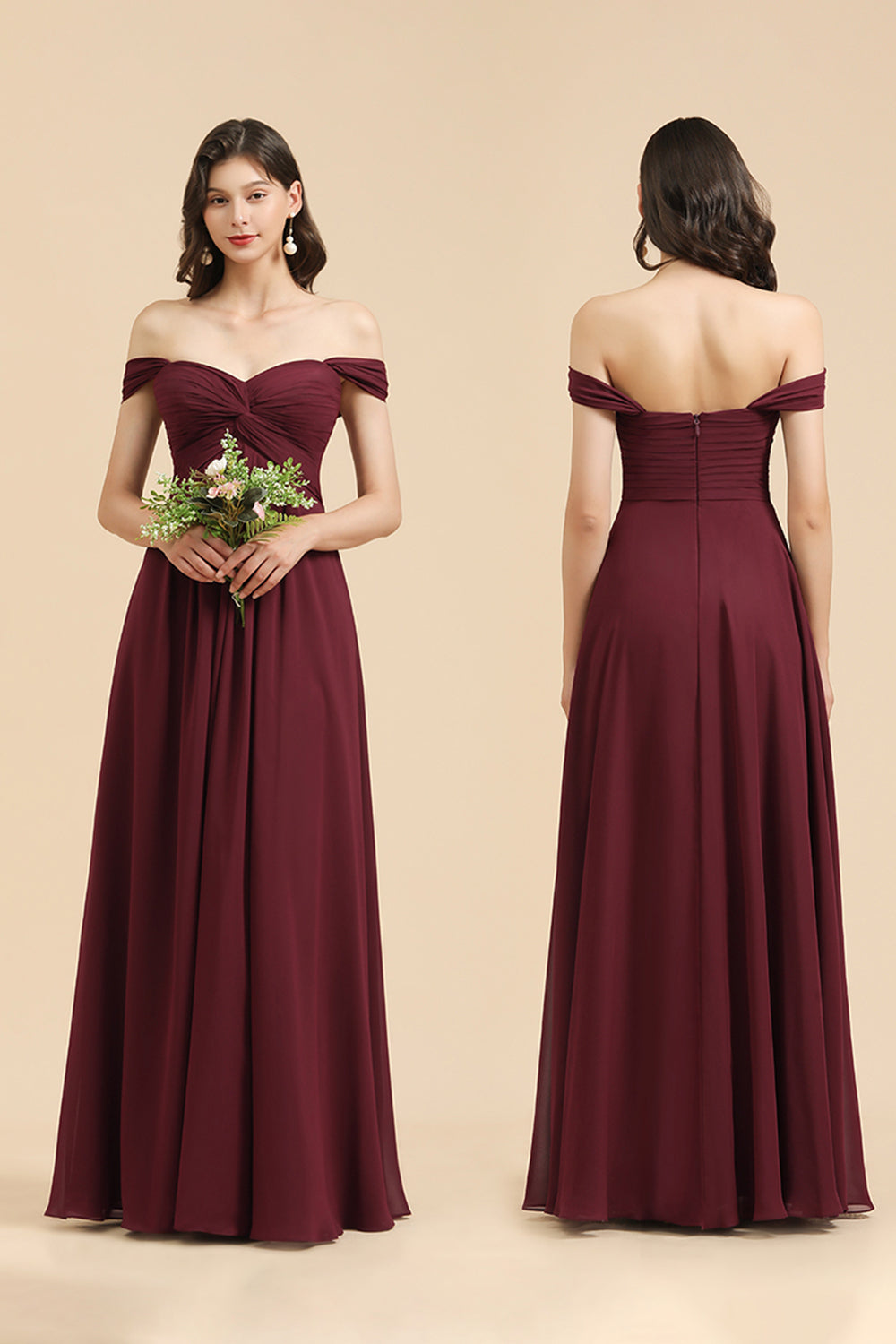 Long A-line Off the Shoulder Chiffon Bridesmaid Dress Elegant Wedding Party Dress