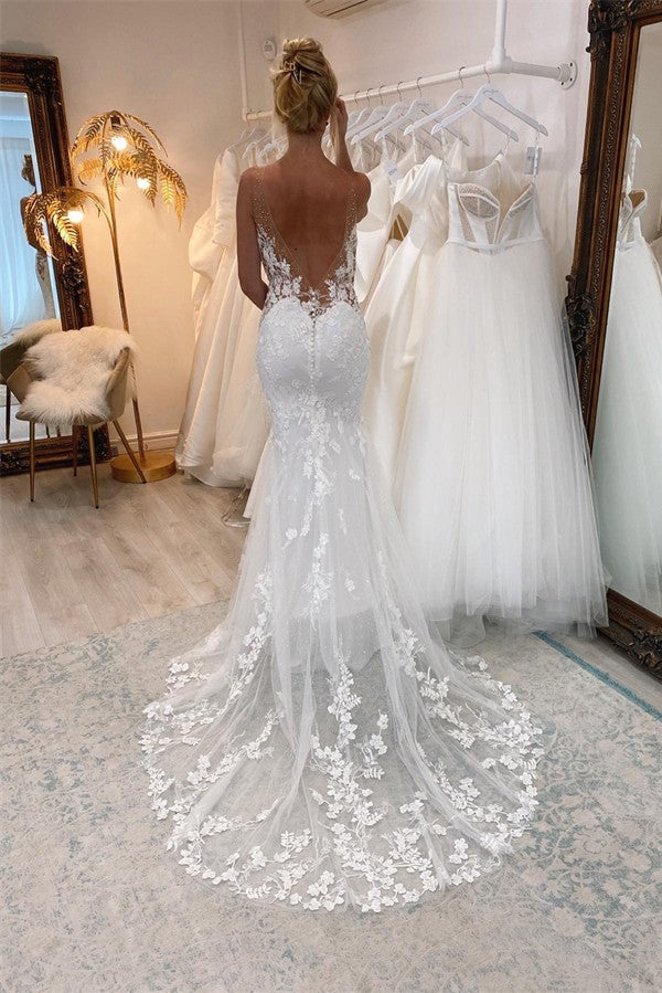 Elegant Long V-neck Floor Length Chapel Train Mermaid Wedding Dress